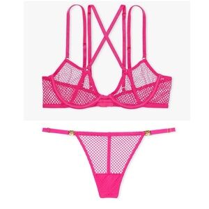 Victoria Secret Very Sexy hot Pink Strappy bra peek a boo & v string thong set